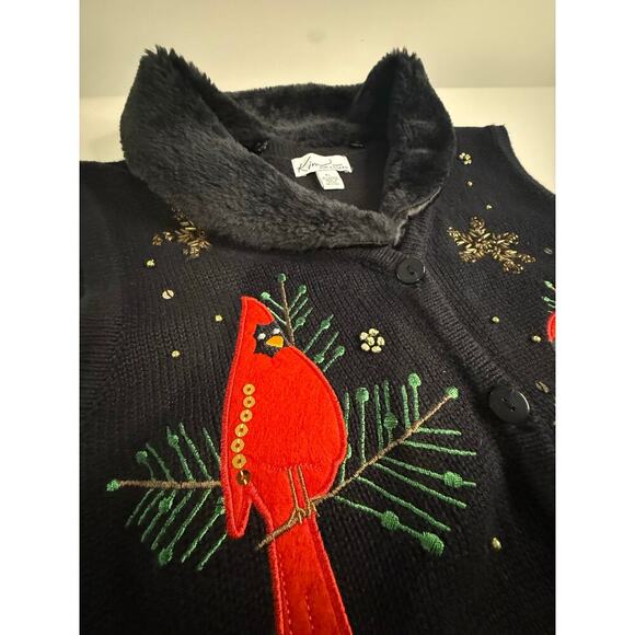 Kim Rogers Christmas Cardinal Button Down Vest with Removable Fur Collar Size PL - Picture 3 of 8